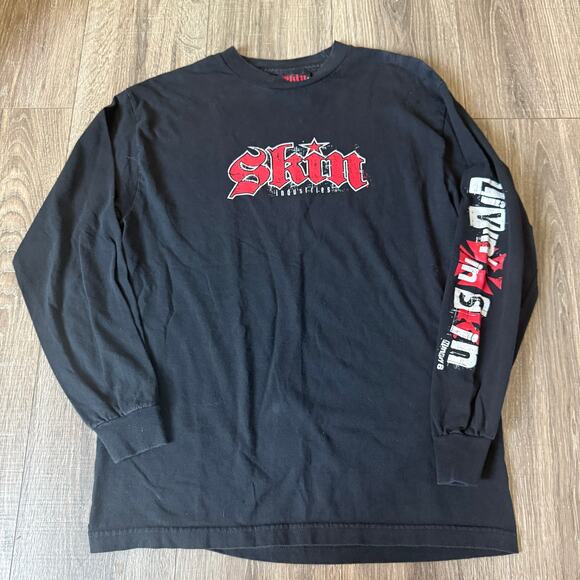 VTG 90s Skin Industries Spell Out Promo Grunge Long Sleeve Tee Shirt Sz M Y2K - Picture 1 of 9